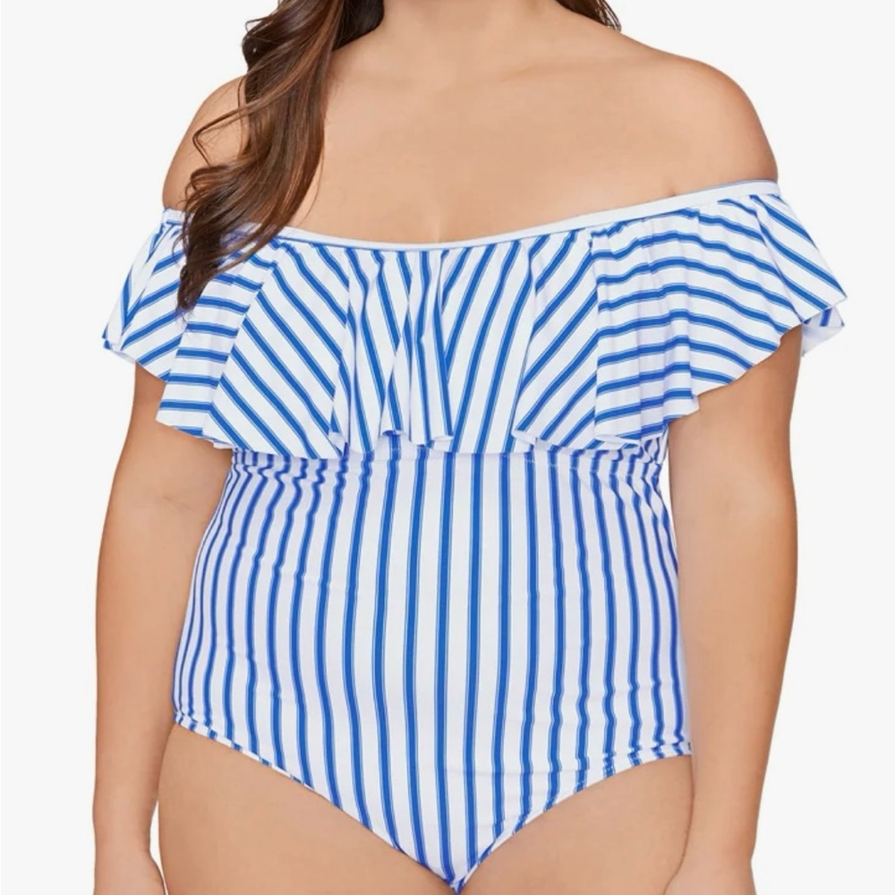 Raisins Blue and White One Piece Swimsuit with Ruffled Overlay